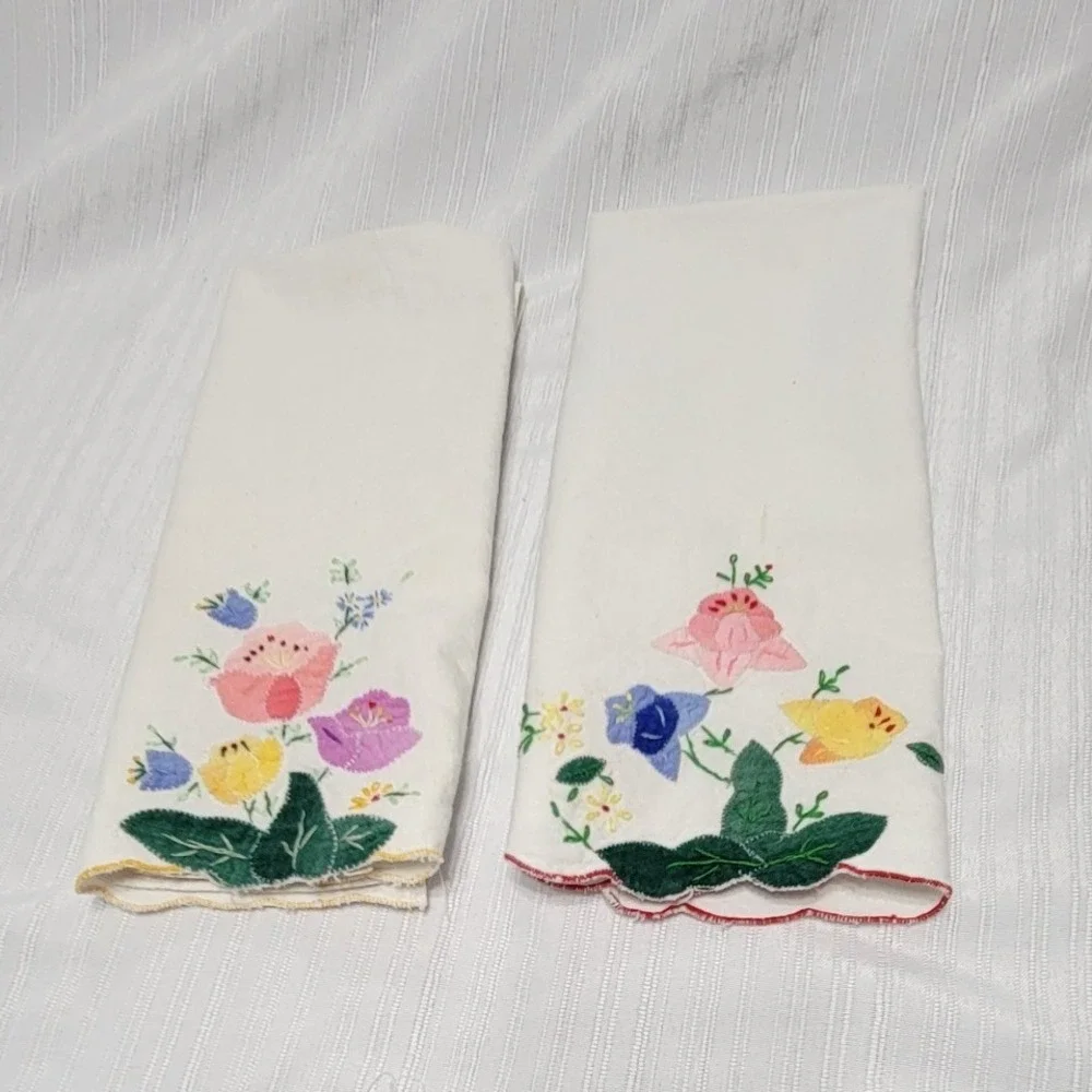 2 Vintage Hand Embroidered Floral Applique Scallop Edge Cotton Dish towels
